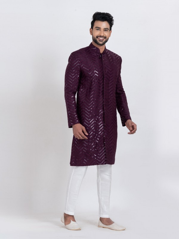 Viscose Rayon Fabric IndoWestern Ready Made Suit in Purple Color With Embroidery Work 