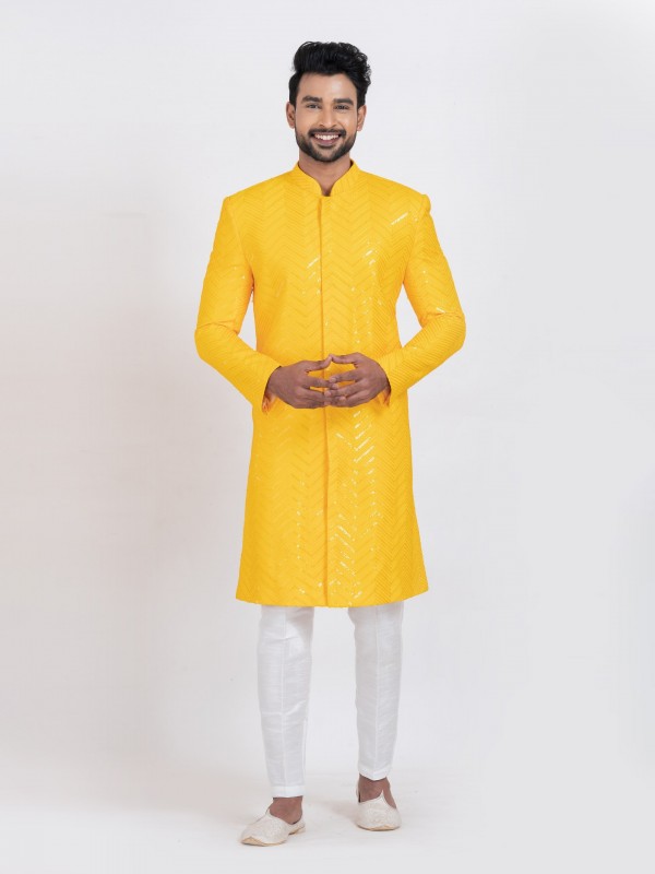 Viscose Rayon Fabric IndoWestern Ready Made Suit in Yellow Color With Embroidery Work 