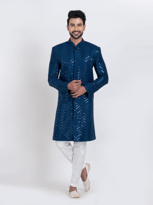 Viscose Rayon Fabric IndoWestern Ready Made Suit in Teal Blue Color With Embroidery Work 