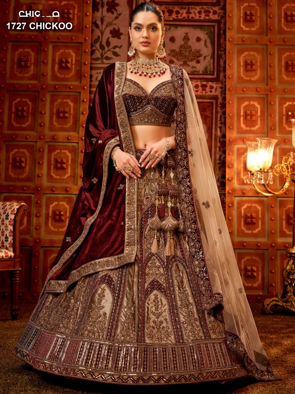 Pure Micro Velvet Bridal  Wear Lehenga In Beige Color With Embroidery Work 