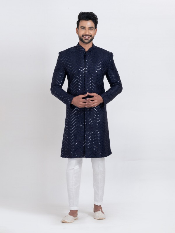 Viscose Rayon Fabric IndoWestern Ready Made Suit in Navy Blue Color With Embroidery Work 