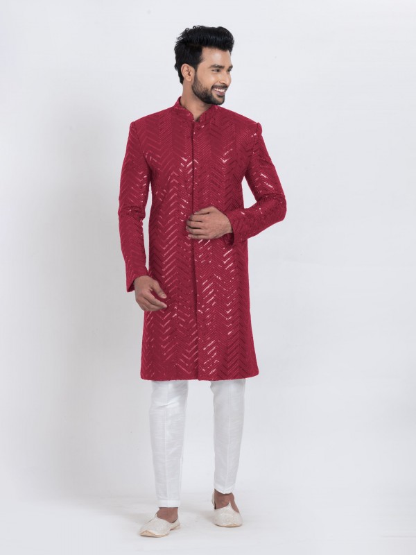 Viscose Rayon Fabric IndoWestern Ready Made Suit in Red Color With Embroidery Work 