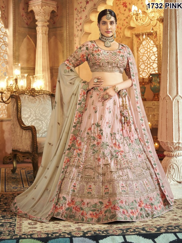 Pure Silk Bridal  Wear Lehenga In Pink Color With Embroidery Work 