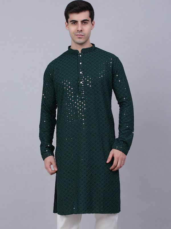 Heavy Rayon Readymade Kurta in Green with Embroidery Work