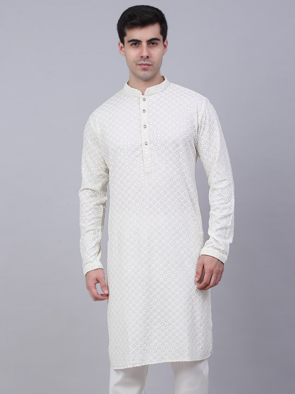 Heavy Rayon Readymade Kurta in White with Embroidery Work