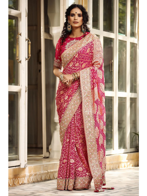 Silk Banarasi Saree In Pink Color With Embroidery Work