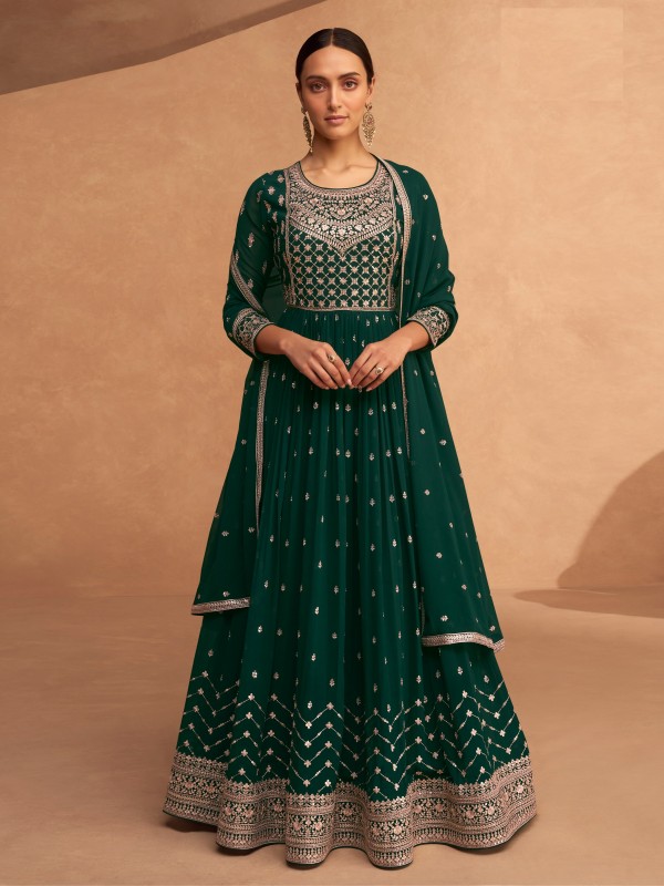 Pure Georgette Fabrics Party Wear Readymade Gown In Green Color With Embroidery Work