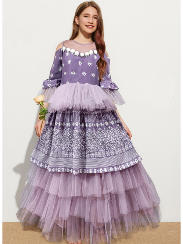 Muslin With Soft  Premium Net Party Wear Kids Gown In Purple Color With Embroidery Work 