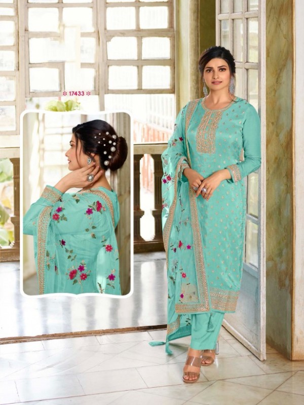 Dola Silk  Party Wear Suit In Sea Blue With Embroidery Work 