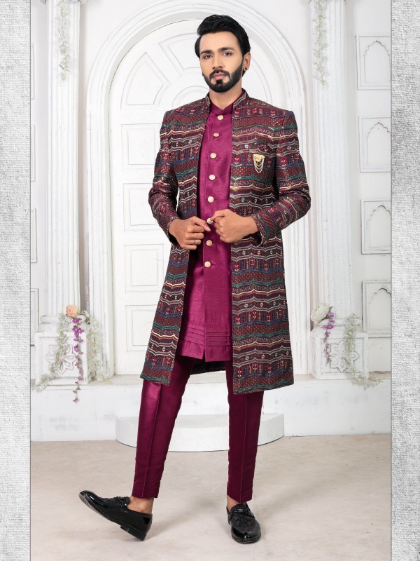 Pure Silk IndoWestern Ready Made Dress in Wine Color 