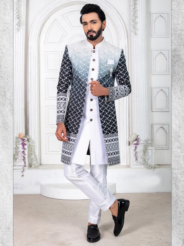 Pure Silk IndoWestern Ready Made Dress in Black & White Color with Embroidery work 