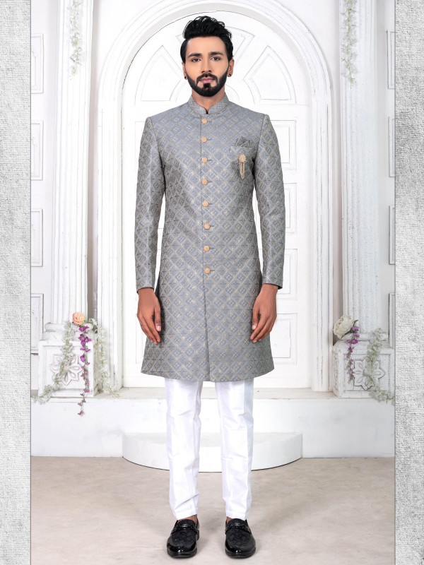 Jacquard Silk IndoWestern Ready Made Dress in Grey Color With Embroidery