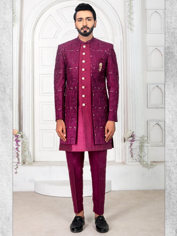 Pure Silk IndoWestern Ready Made Dress in Wine Color with Embroidery work 