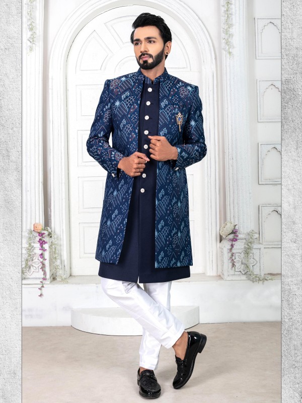 Jacquard Silk IndoWestern Ready Made Dress in Blue 