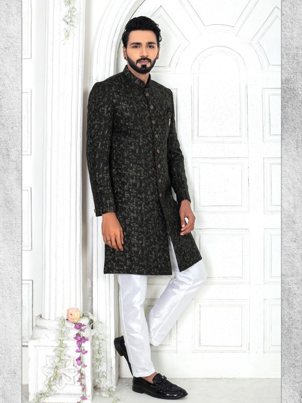 Jacquard Silk IndoWestern Ready Made Dress in Botton Green Color With Foil Print 