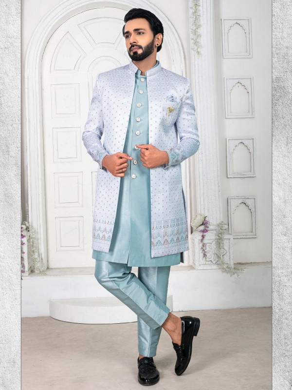 Jacquard Silk IndoWestern Ready Made Dress in Sky Blue color  