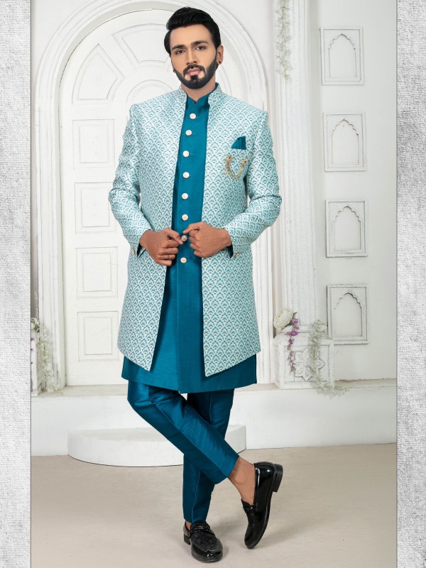 Jacquard Silk IndoWestern Ready Made Dress in Teal Sky Blue color  
