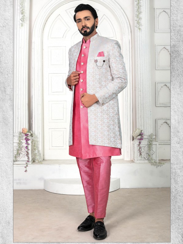 Jacquard Silk IndoWestern Ready Made Dress in Pink color  