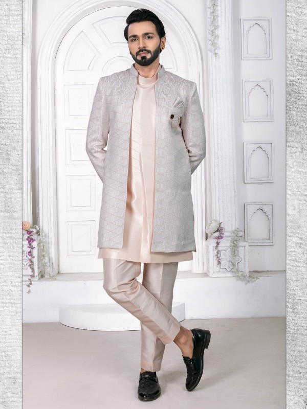 Jacquard Silk IndoWestern Ready Made Dress in Peach & Grey color  