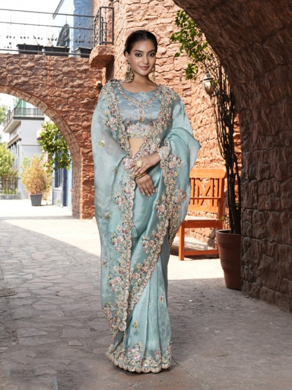 Pure Fancy Silk Wedding wear Saree In Sku Blue Color With Embroidery Work