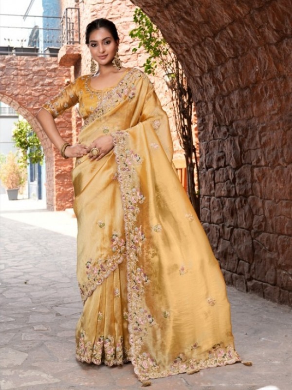 Pure Fancy Silk Wedding wear Saree In Mustard Color With Embroidery Work