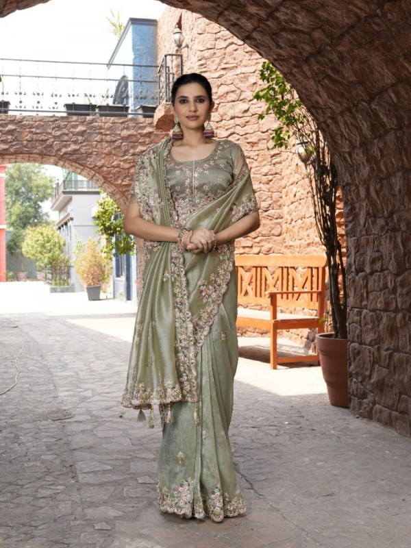 Pure Fancy Silk Wedding wear Saree In Pista Color With Embroidery Work