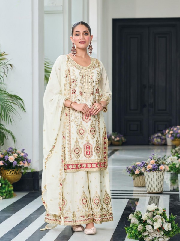Pure Chinon Silk Party Wear Sharara in Off White Color with Embroidery Work