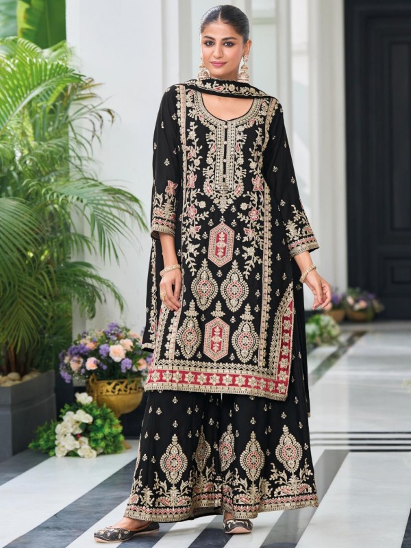 Pure Chinon Silk Party Wear Sharara in Blue Color with Embroidery Work