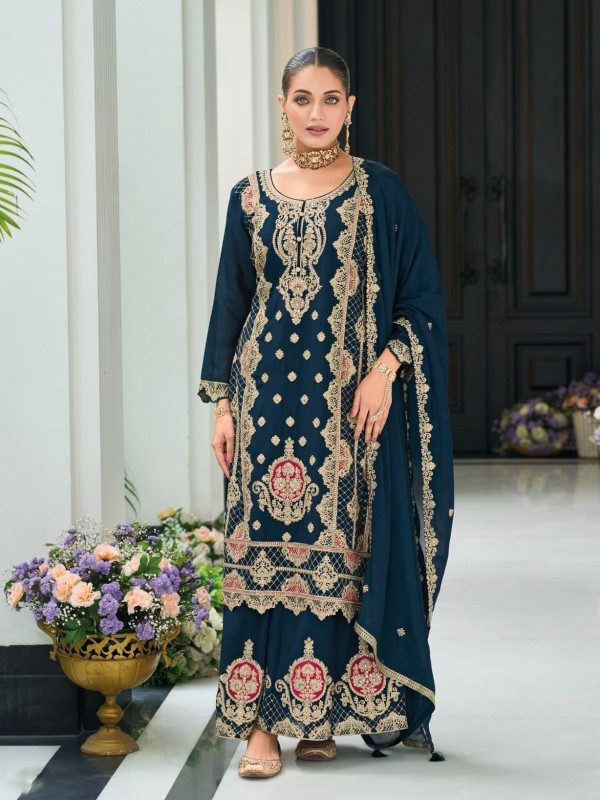 Pure Chinon Silk Party Wear Sharara in Blue Color with Embroidery Work