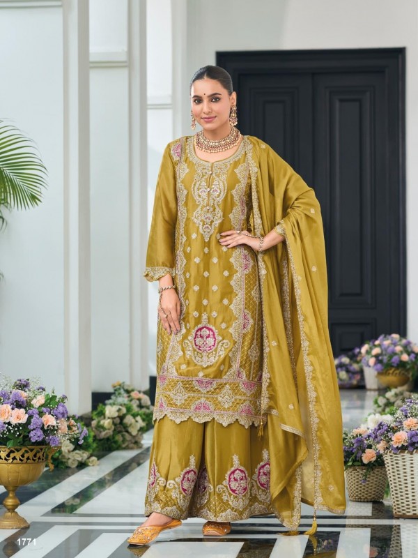 Pure Chinon Silk Party Wear Sharara in Mustard Color with Embroidery Work