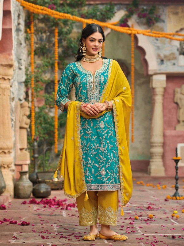 Pure Chinon Silk Party Wear Plazo Suit in Turquoise Color with Embroidery Work