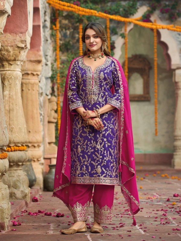 Pure Chinon Silk Party Wear Plazo Suit in Purple Color with Embroidery Work