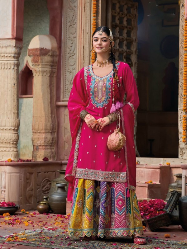 Pure Chinon Silk Party Wear Sharara in Pink Color with Embroidery Work