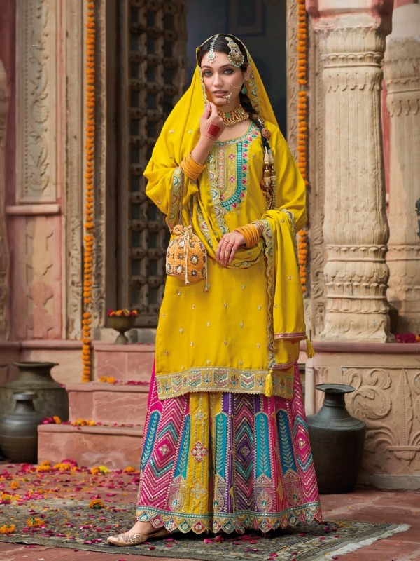 Pure Chinon Silk Party Wear Sharara in Yellow Color with Embroidery Work