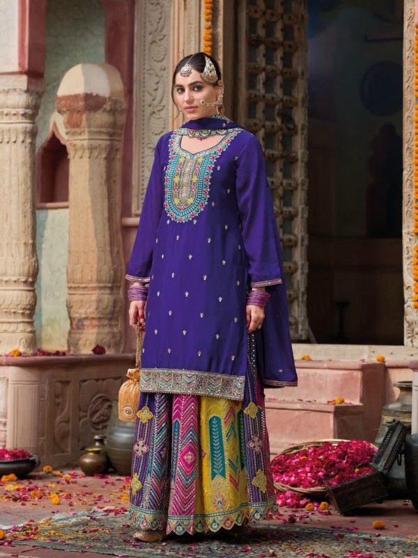 Pure Chinon Silk Party Wear Sharara in Purple Color with Embroidery Work