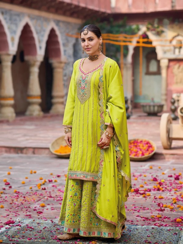 Pure Chinon Silk Party Wear Sharara in Lemon Color with Embroidery Work