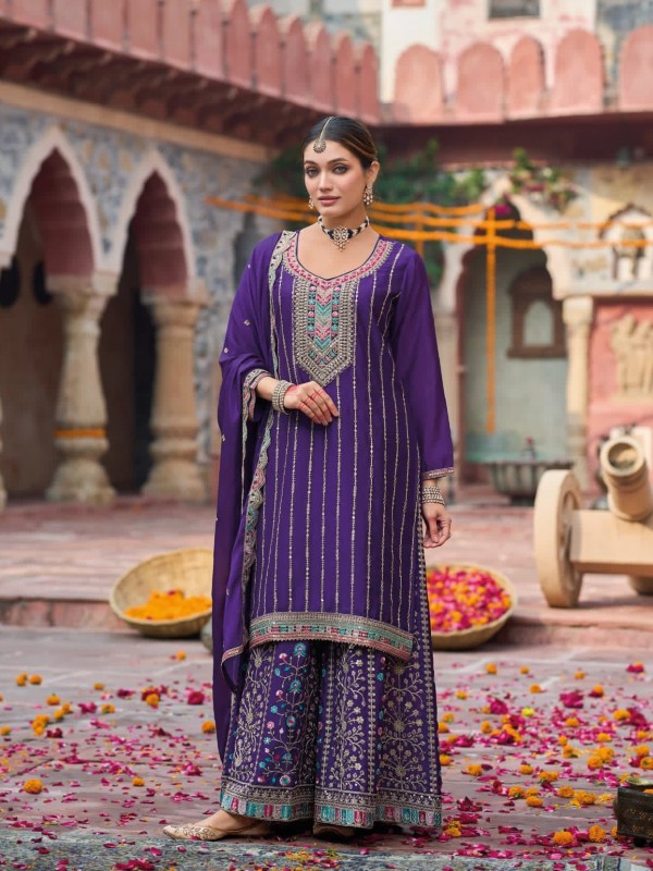 Pure Chinon Silk Party Wear Sharara in Blue Color with Embroidery Work
