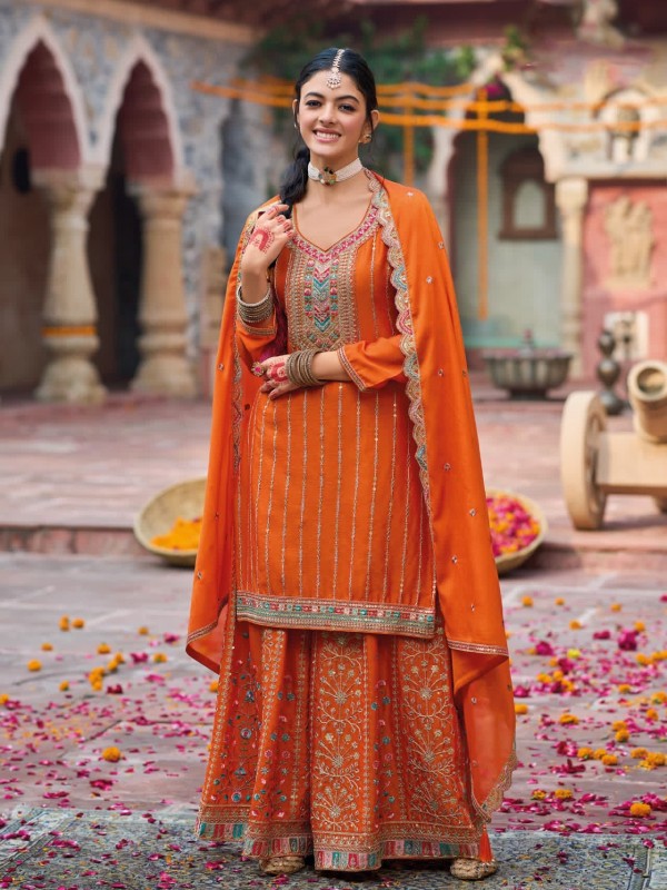 Pure Chinon Silk Party Wear Sharara in Orange Color with Embroidery Work