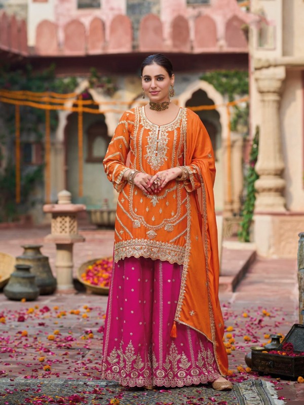 Pure Chinon Silk Party Wear Sharara in Orange & Pink Color with Embroidery Work