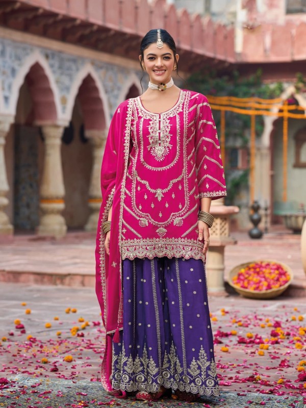 Pure Chinon Silk Party Wear Sharara in Pink & Purple  Color with Embroidery Work