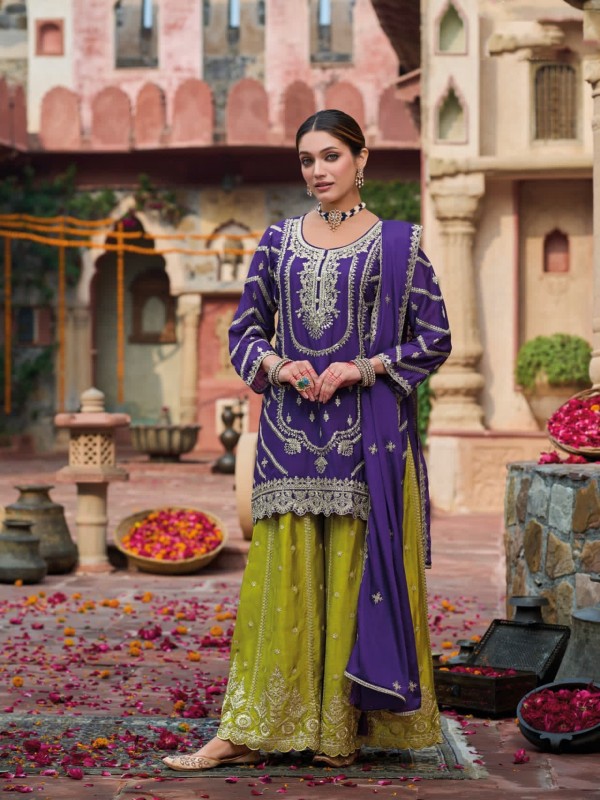 Pure Chinon Silk Party Wear Sharara in Purple & Green Color with Embroidery Work
