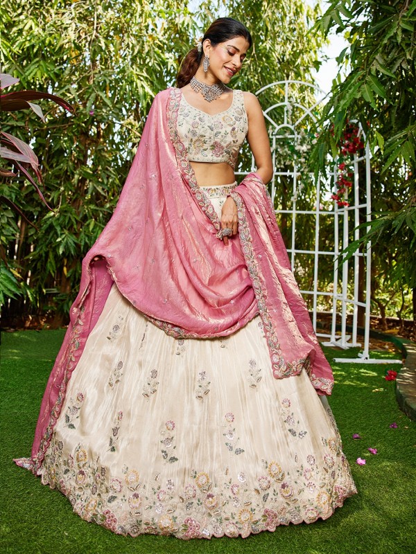 Pure Viscose Fabric Wedding Wear Lehenga In Cream Color With Embroidery Work    