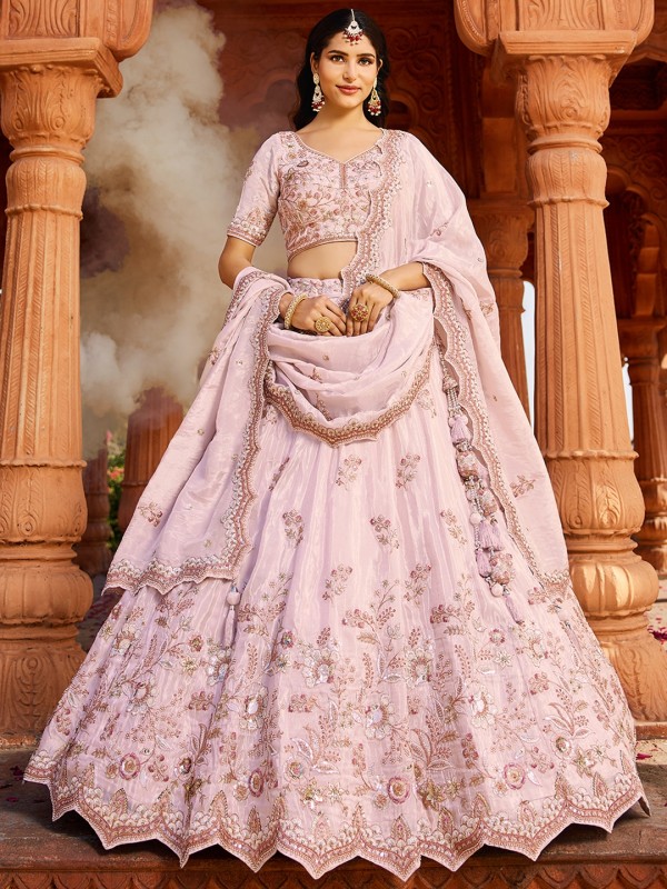 Pure Tissue Silk Fabric Wedding Wear Lehenga In Coral Color With Embroidery Work    
