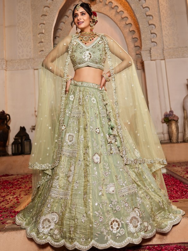 Pure Tissue Silk Fabric Wedding Wear Lehenga In Lime Green Color With Embroidery Work    