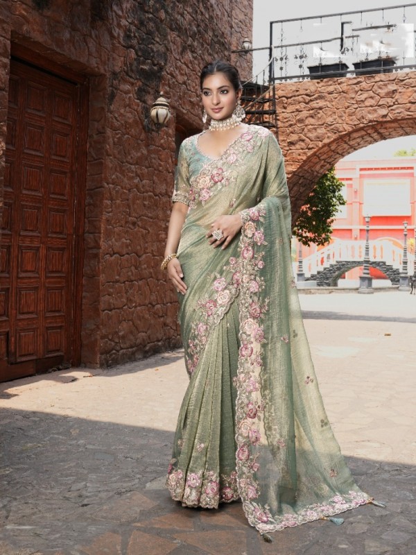 Pure Fancy Silk Wedding wear Saree In Pista Color With Embroidery Work
