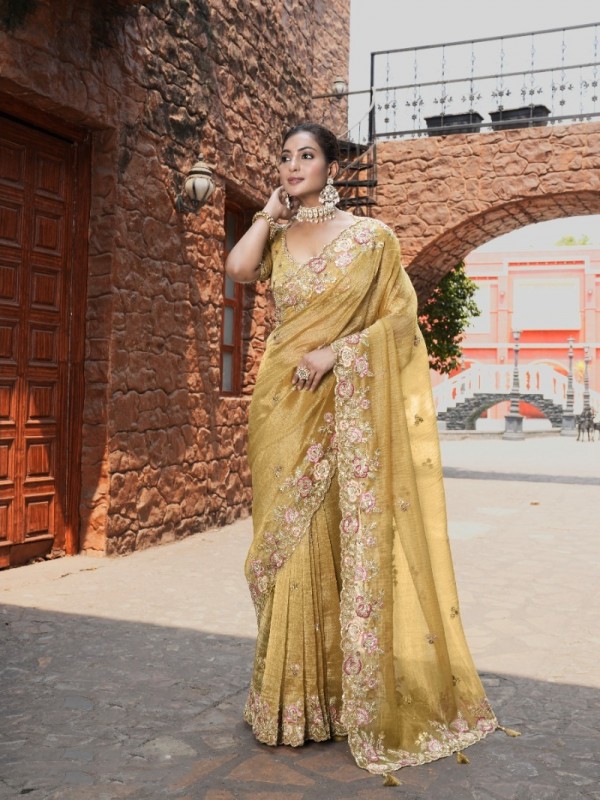 Pure Fancy Silk Wedding wear Saree In Mustard Color With Embroidery Work