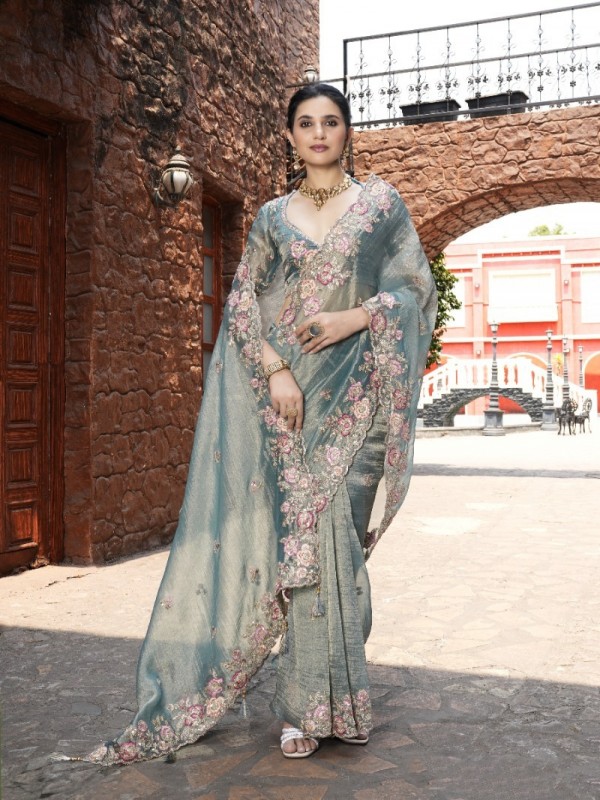 Pure Fancy Silk Wedding wear Saree In Sky Blue Color With Embroidery Work