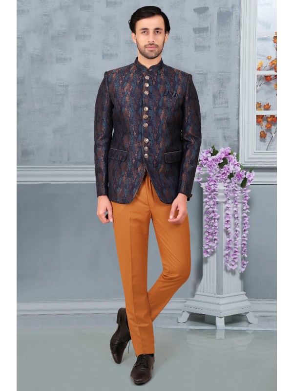 Readymade Men's Wear Jodhpuri Top in Blue & Gold Color 