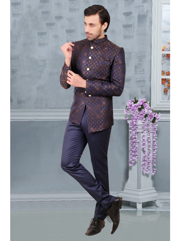 Readymade Men's Wear Jodhpuri Top in Blue & Gold Color 