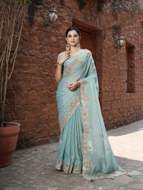 Pure Fancy Silk Wedding wear Saree In Sky Blue Color With Embroidery Work